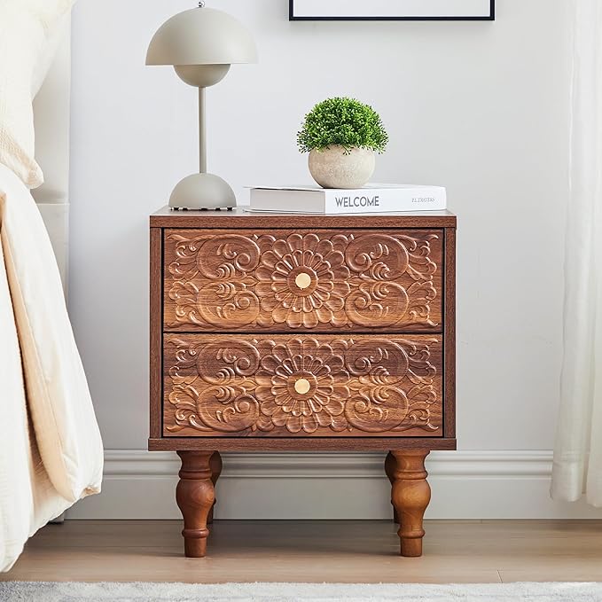 Nightstand, Farmhouse Bedside Table with 2 Drawers and Metal Handles, Wood Sofa Side Table End Table Accent Dresser for Bedroom, Living Room (Walnut) (15.75 x 16.02 x 18.15 Inch)