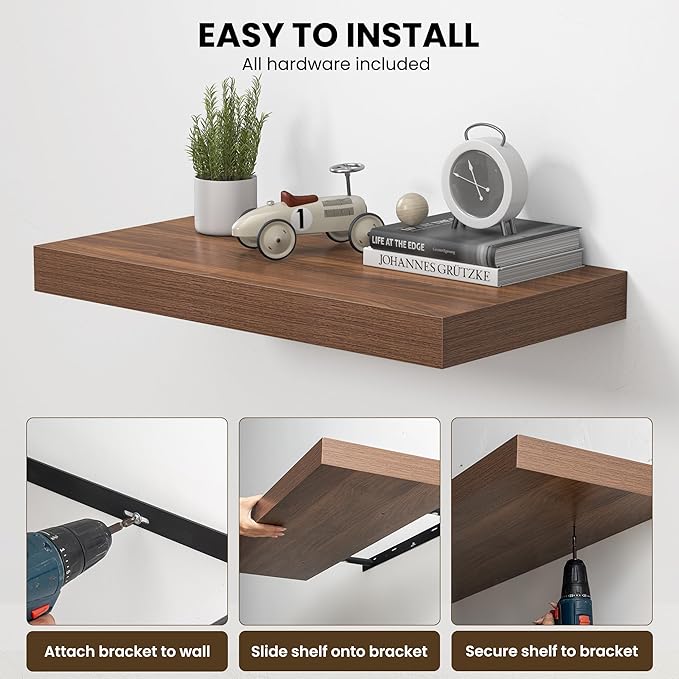 Dreamland 24" Floating Shelves for Wall, 12" Deep Thicker Walnut Floating Shelves, Wall-Mounted Shelves for Bedroom, Living Room, Kitchen, Bathroom - Set of 2