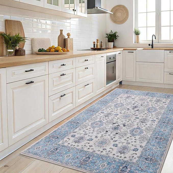 Vanmoos 3x5 Area Rugs for Living Room - Washable, Non-Slip Medium Accent Rug for Bedroom, Kitchen, Entryway - Durable Carpet for High-Traffic Areas & Home Decor, Cozy Elegance/Blue