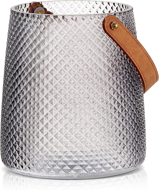 Nordic Handcrafted Glass Flower Vase with Vegan Leather Handle – Diamond Pattern Design – Modern Decorative Centerpiece – Elegant Gift for Weddings, Housewarming, Anniversaries – Stylish Home Décor