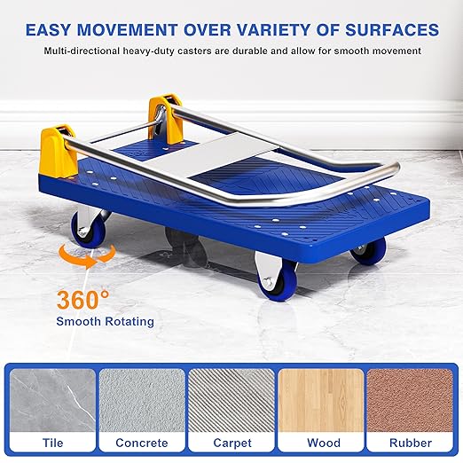 Flat Push Cart Dolly, Foldable Flat Bed Cart,Platform Cart Truck with 4 Wheels,440lb Weight Capacity Folding Platform Truck with Handle for Moving and Loading,360 Degree Swivel,(Blue)