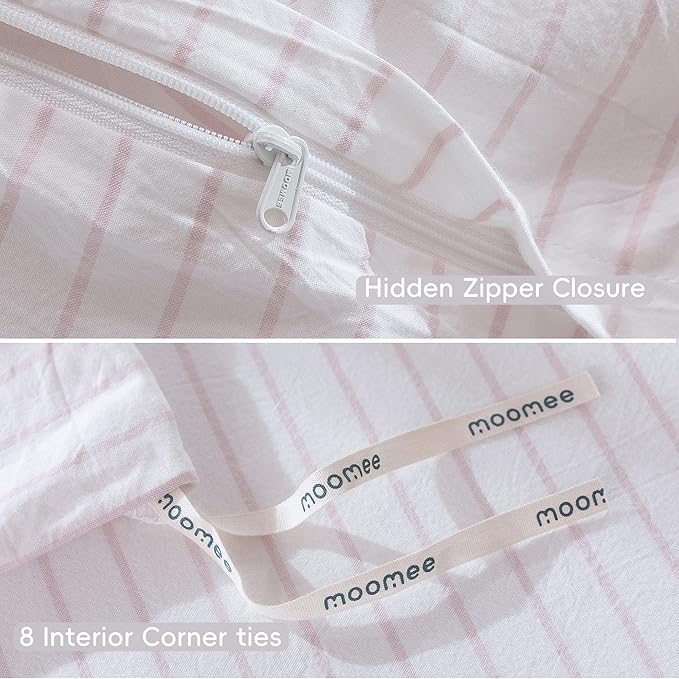 MooMee Striped Duvet Cover Set 100% Washed Cotton Linen Like Textured Breathable Durable Soft Comfy (White Heathered Greyish Pink Wide Stripes, Full 80"x90")