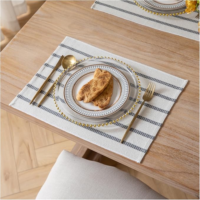 Caflife Boho Farmhouse Placemats Set of 6, Grey Stripes Cotton Linen Woven Table Mats for Modern Dining Table, 13x19 Inch Rustic Kitchen Decor Place Mats