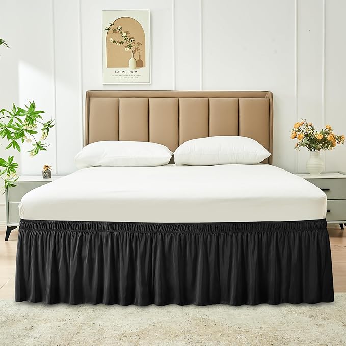 Biscaynebay Wrap Around Bed Skirts for Queen Beds 19" Long Drop, Black Adjustable Elastic Dust Ruffles Easy Fit Wrinkle & Fade Resistant Silky Luxurious Fabric Solid Machine Washable