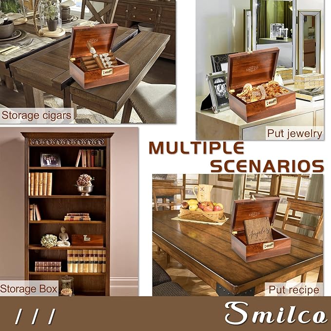 Smilco Wooden Storage Box with Hinged Lid Acacia Wood Hand-Crafted Wooden Box for Recipes Decorative Storage or as Keepsake