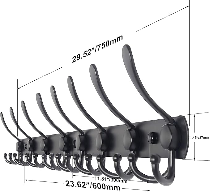 WEBI Coat Rack Wall Mount Long, 8 Tri Hooks for Hanging, 30 Inch Hook Rail, Hanger for Clothes, Jackets, Hats, Black, 2 Packs