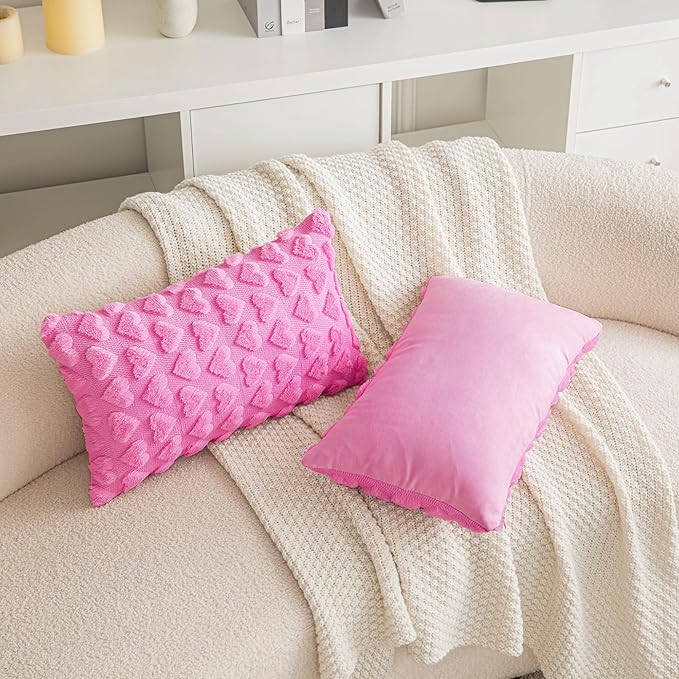 AQOTHES Set of 2 Heart Love Cute Hot Pink Decorative Valentines Throw Pillow Covers 12x20, Soft Plush Faux Fur Pillow Covers for Couch Sofa Home Valentines Day Decoration