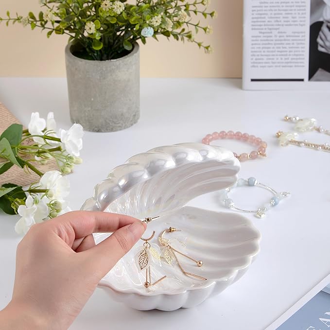 Denique Shell Jewelry Dish Tray, Ceramic Trinket Tray Clamshell Jewelry Storage Dish, Ring Holder Dish Key Bowl, Decorative Jewelry Plate, Cute Jewelry Organizer for Room Decor (White)