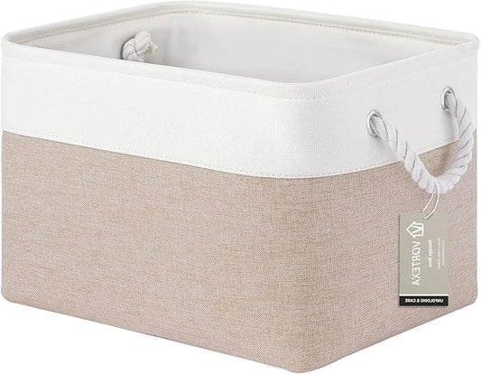 Large Storage Baskets- 15x11x10 inch Storage Bins for Shelves and Closet Organizing, Foldable Fabric Bin for Home Organization Clothes and Laundry (1-Pack, White&Khaki)