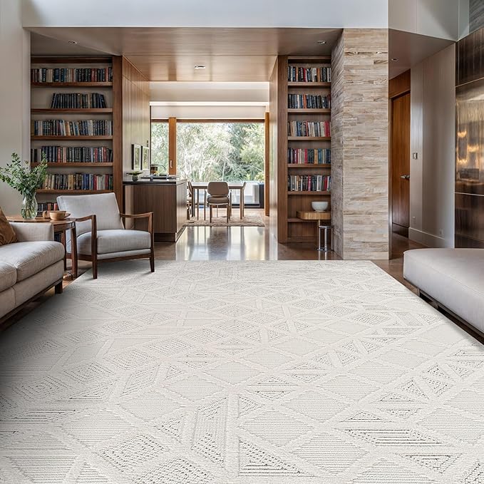 Luul Home Modern Micro Loop Indoor Area Rugs for Living Room Bedroom Kitchen Geometric Square White 5x7 Luxury Durable Low and High Pile Non-Shedding Stain Resistant Soft Area Carpet 5 x 7