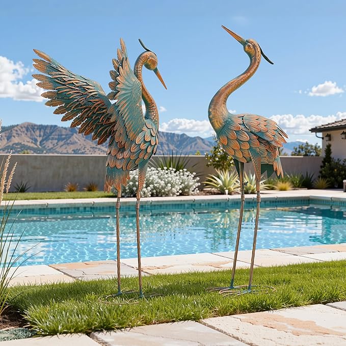 Extra-Large 36.8" Metal Crane Garden Statue, Handcrafted Blue Heron Decor Sculptures with Stable U-Ground Stakes, Backyard Decoration, Metal Garden Bird Animal Yard Art, Lawn Ornament Decor