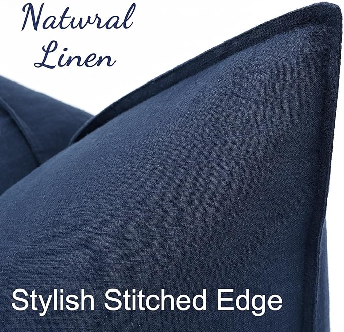 decorUhome Spring Decorative Linen Euro Sham Throw Pillow Covers 26x26 Inch Set of 2 Navy Blue Pillow Covers with Flange Edges Soft Farmhouse Boho Accent Pillow Cases for Couch Bed Living Room