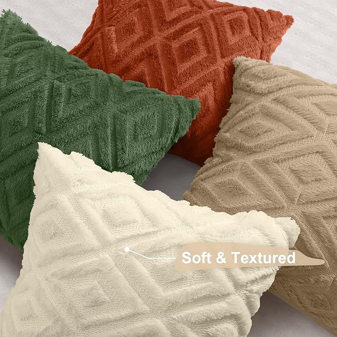 decorUhome Pack of 4 Faux Fur Christmas Throw Pillow Covers 18x18, Soft Decorative Couch Pillow Covers with Velvet Back for Modern Sofa Living Room, Khaki/Rust