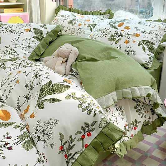 Botanical Floral Duvet Cover with Green Ruffle 100% Cotton Vibrant Flower Duvet Cover Twin Girls Romantic Comforter Cover Princess Lace Coquette Bedding Vintage Aesthetic Flower Comforter Cover Twin