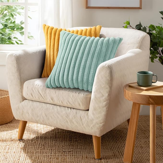 Pallene Faux Fur Plush Throw Pillow Covers 16x16 Set of 2, Luxury Soft Fluffy Striped Decorative Pillow Covers for Sofa, Couch, Living Room, Aqua