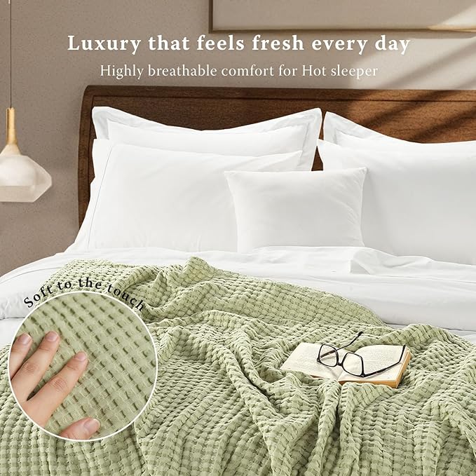 Threadmill Cooling Blanket Twin Size Waffle Weave| Breathable, Lightweight & Ultra-Soft | Made from Rayon Derived from Bamboo | Waffle Throw for Couch and Sofa | 68 x 92 Inches | Sage Green