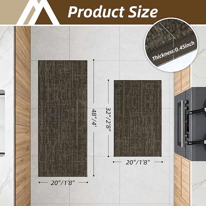 COSY HOMEER Kitchen Rugs 20"x32"+20"x48",Absorbent Soft Kitchen Mats for Floor,Non Slip Kitchen Runner Rug,Washable Kitchen Floor Mats for Sink Mat,Hallway,Laundry,Brown