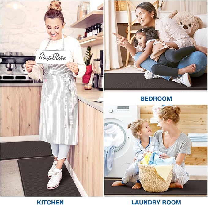 StepRite Kitchen Mats, 2PCS Kitchen Rugs, Cushioned Anti Fatigue Kitchen Mats for Floor, Non-Slip Standing Desk Mat, Waterproof Kitchen Rug Set for Kitchen, Floor, Office,17.3"x30"+17.3"x59",Chocolate