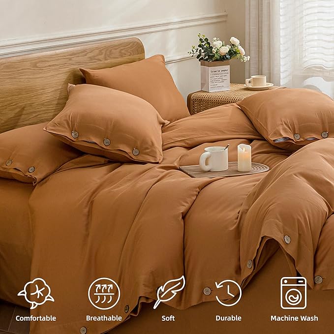 JELLYMONI Cotton Duvet Cover Full Size - Burnt Orange Comforter Cover with Button 100% Washed Cotton 3PCS Breathable Soft Solid Bedding Set Duvet Cover 80×90in & 2 Pillowcases (NO Comforter)