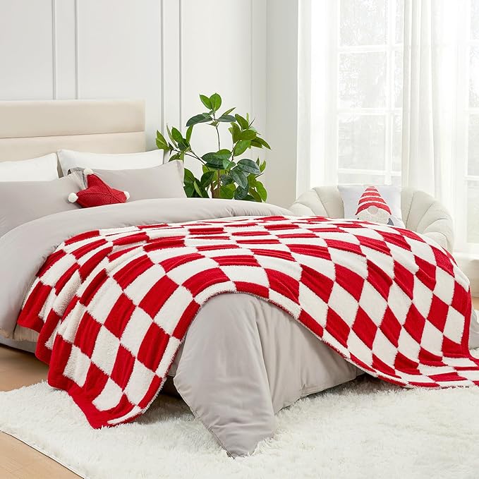 Snuggle Sac Red Checkered Christmas Blanket, Fluffy Faux Fur Ultra Soft Warm Microfiber Throw Blankets for Couch, Sofa, Chair, Bed, Red Checker, 50x60 inches