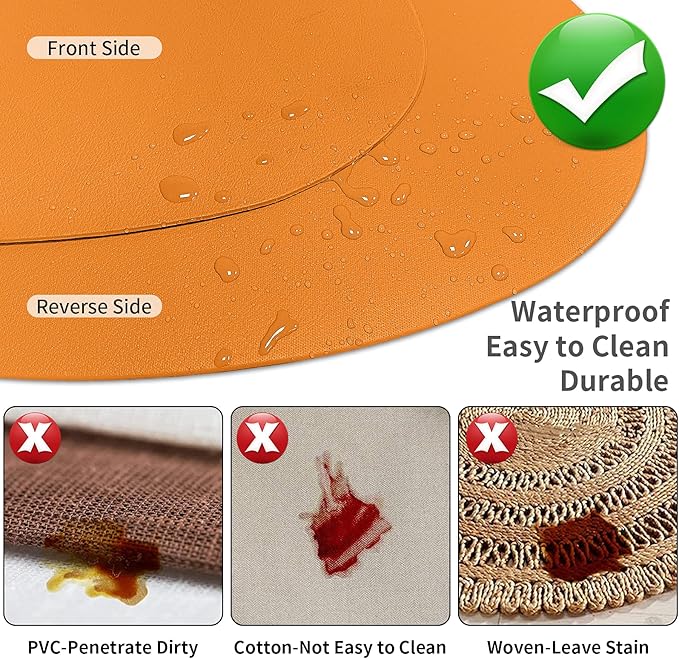 Herda Faux Leather Fall Placemats Set of 6 Wipeable Washable Place Mats for Round Table Non-Slip Table Mats for Kitchen Dining Patio Heat Resist Easy to Clean Orange Placemats