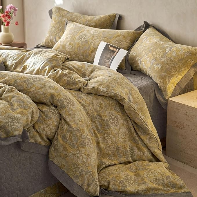 LifeTB Vintage Floral Duvet Cover Set Full Yarn-Dyed Linen Cotton Jacquard Duvet Cover with 2 Pillowcases Yellow Gold Flower Bedding Set Cottagecore Floral Botanical Duvet Cover with Zipper Closure