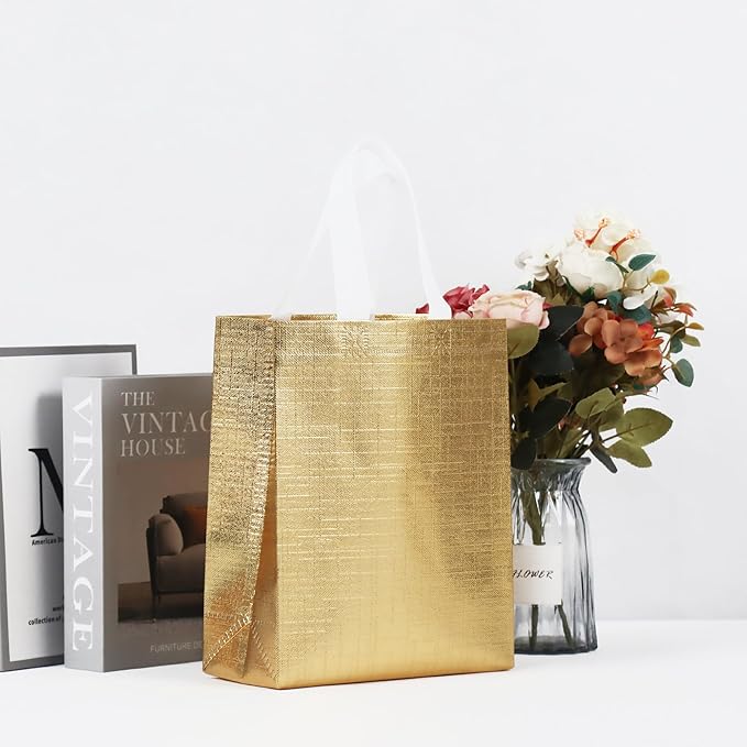 16 Pcs Metallic Bling Small Gift Bags Bulk with Cardboard Bases, Glossy Gold Reusable Party Bags for Birthday, Wedding, Christmas, Parties- 10.2x3.9x8.3 In