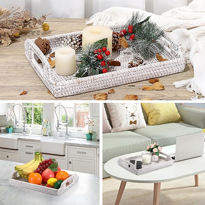 Hipiwe Rattan Serving Tray with Wooden Handles - Hand Woven Decorative Tray for for Coffee Table, Rectangular Basket Ottoman Trays Wicker Fruit Bread Serving Basket, Whitewash