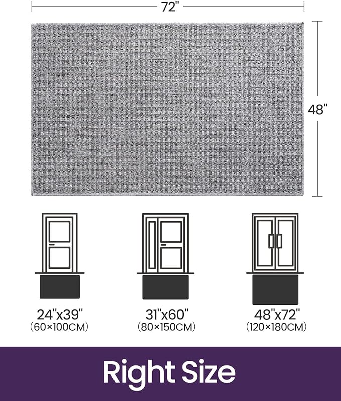 DEXI Dirt Trapper Door Mat, 48x72 Washable Doormat, Dirt Resistant and Absorbent, Easy Clean Low-Profile Floor Rugs for Entryway, Front Door, and Inside Entrance, Checkered Grey