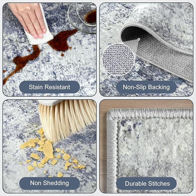 AREAMAY Washable Area Rug 5x7 - Neutral Modern Abstract Rugs, Soft Non Slip Thin Carpet with for Bedroom, Under Dining Room Table, Home, Office, Dorm, Office Rolling Chair - Indigo Gray