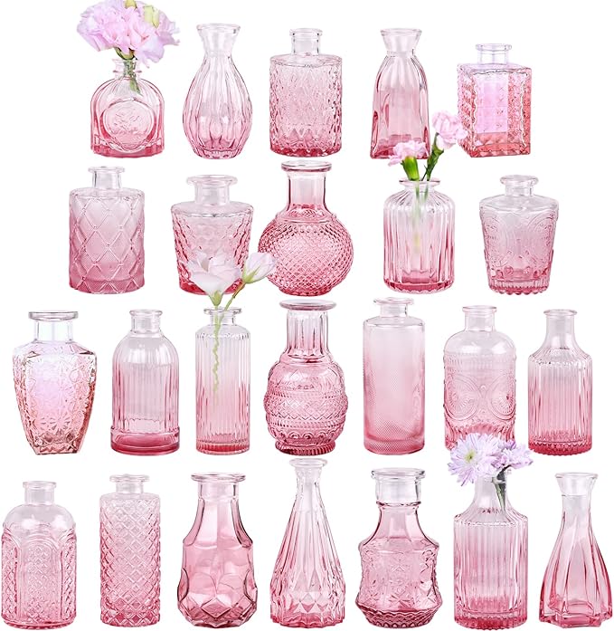 Valentine's Day Pink Glass Bud Vase Set of 24, Small Flower Vases for Centerpieces in Bulk, Mini Vintage Vase for Wedding Decor, and Home Table Décor