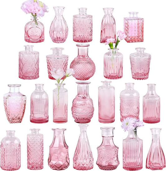 Valentine's Day Pink Glass Bud Vase Set of 24, Small Flower Vases for Centerpieces in Bulk, Mini Vintage Vase for Wedding Decor, and Home Table Décor