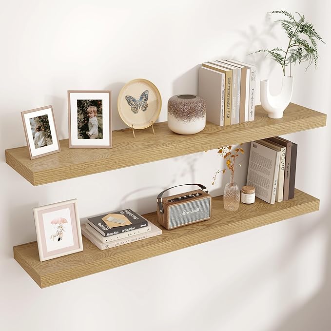 Floating Shelves for Wall, Engineered Wood Wall Shelves with Invisible Brackets for Living Room Bedroom Bathroom Office Kitchen Decor and Storage (Oak, 48" W x 9" D x 1.5" H) Set of 2
