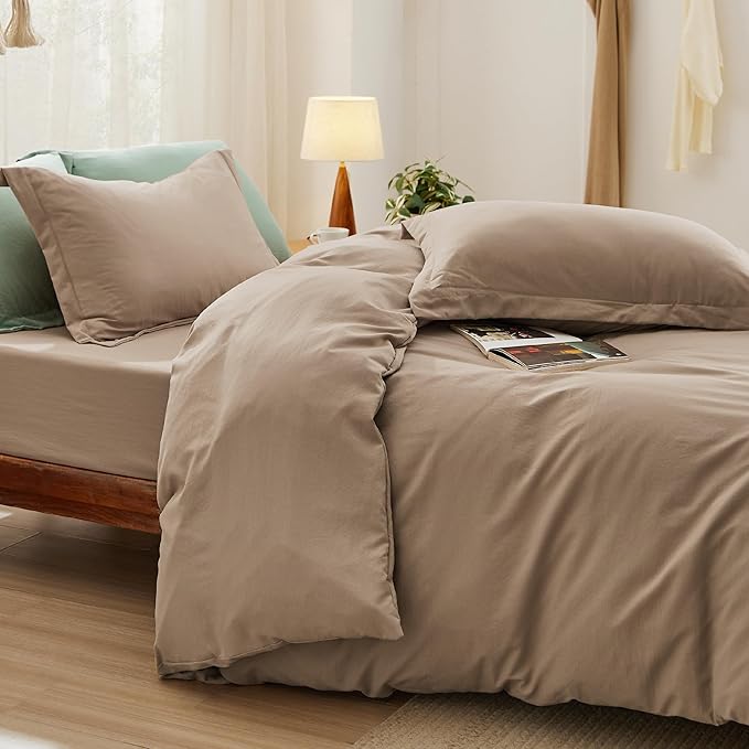 Bedsure Duvet Cover Full Size with Fitted Sheet - 4 Pieces Prewashed Cotton-Like Extra Soft Bedding Set, Includes 1 Duvet Cover 80x90 Inches, 2 Pillow Shams, 1 Fitted Sheet, Deep Beige