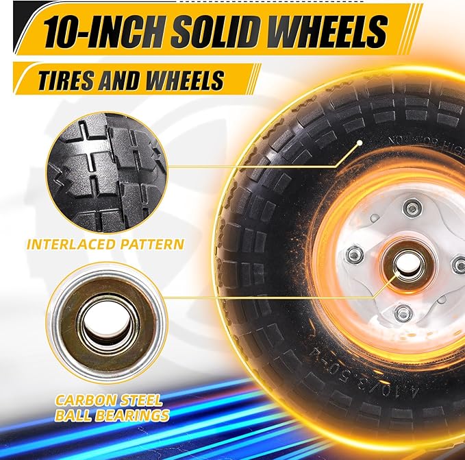 MZREXN 2-Pack 10" Flat Free Solid Tires 4.10/3.50-4 Tire and Wheel, with 5/8" Axle Bore Hole, 2"-2.2" Offset Hub, for Hand Truck, Garden Cart,Trolleys, Yard Trailers, Utility Cart, White