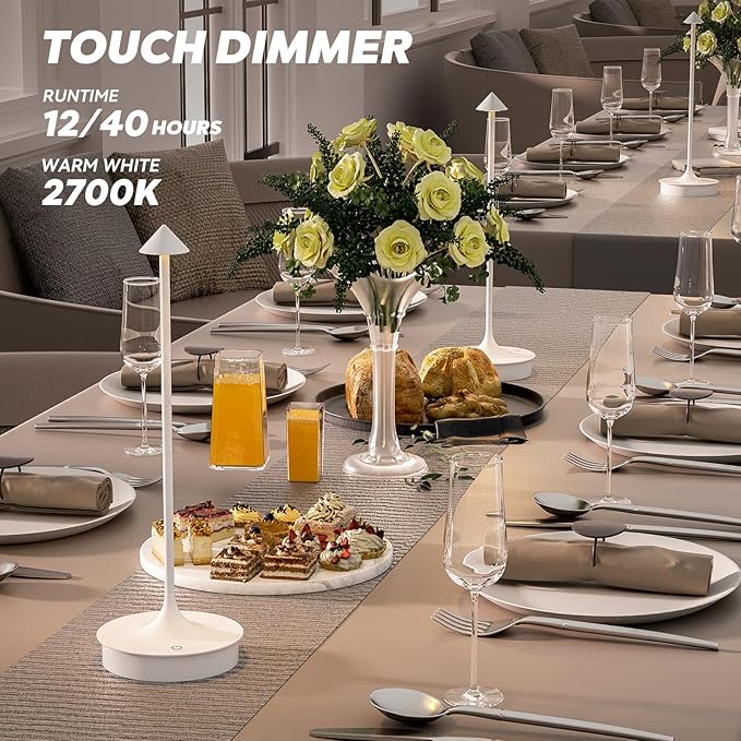Small Cordless Table Lamp Rechargeable, Battery Operated Desk Lamp, 4000mAh LED Touch Lamp, Dimmable Portable Outdoor Waterproof Wireless Table Light for Restaurants/Bars/Outdoor(1PC,White)