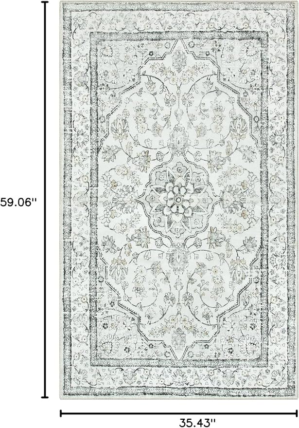 Lahome Oriental 3x5 Rug,Washable Entry Rugs for Inside House Non-Slip,Boho Grey Rugs for Living Room,Traditional Vintage Bathroom Carpet Thin Throw Rug for Bedroom Entryway Kitchen,(3x5ft,Light Gray)