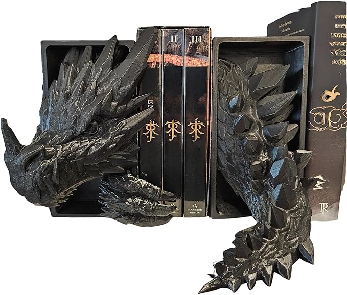 Dragons Awakening Book End – Fantasy Book Nook Insert for Dragon Readers – Unique Home Decor for Bookshelves & Libraries (Black - Head and Tail)