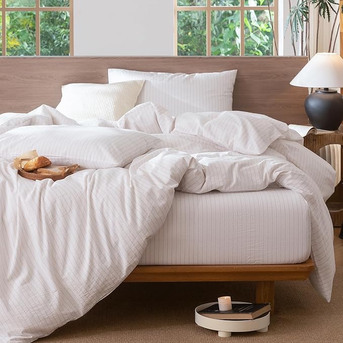 MooMee Striped Duvet Cover Set 100% Washed Cotton Linen Like Textured Breathable Durable Soft Comfy (White Heathered Greyish Pink Wide Stripes, Full 80"x90")