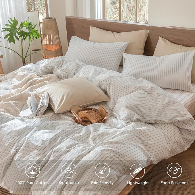 MooMee Striped Duvet Cover Set 100% Washed Cotton Linen Like Textured Breathable Durable Soft Comfy (White Cornflower Blue Wide Stripes, King 104"x90")