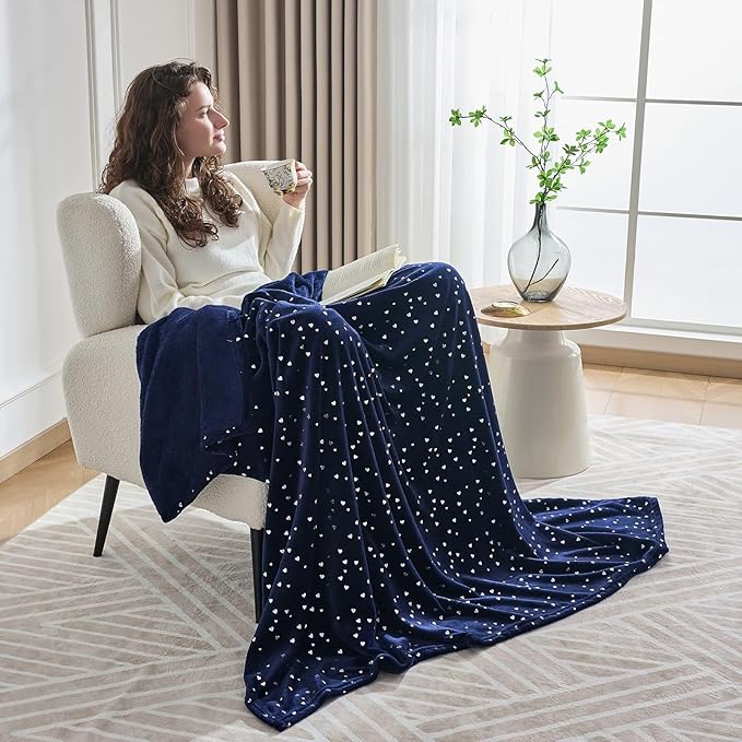 NANPIPER Fleece Blanket Heart Foil Print, Soft Lightweight Microfibe, All Season Premium Fluffy Throw for Sofa/Couch, Twin Size 65"x80" Navy Blue