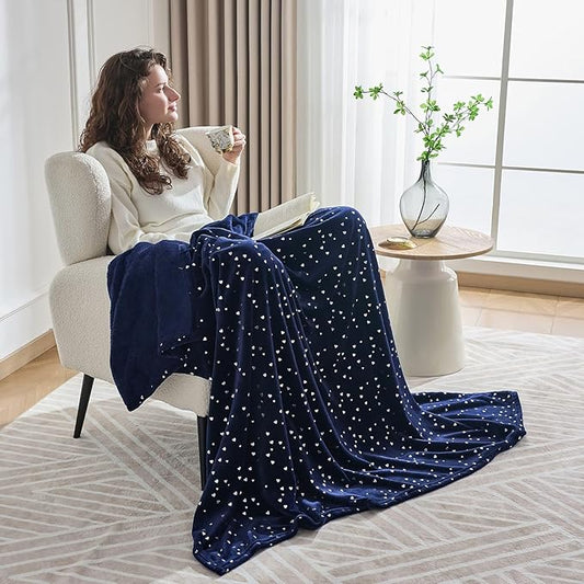 NANPIPER Fleece Blanket Heart Foil Print, Soft Lightweight Microfibe, All Season Premium Fluffy Throw for Sofa/Couch, Twin Size 65"x80" Navy Blue