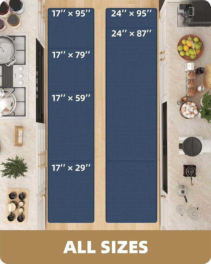 Color&Geometry Anti Fatigue Cushion Padded Kitchen Mat for Floor - 17x29+17x59,Easy Clean, Waterproof & Oil Proof, Anti Slip, Foam Rubber Runner Rug for Front Sink Comfort Standing, Blue Set of 2