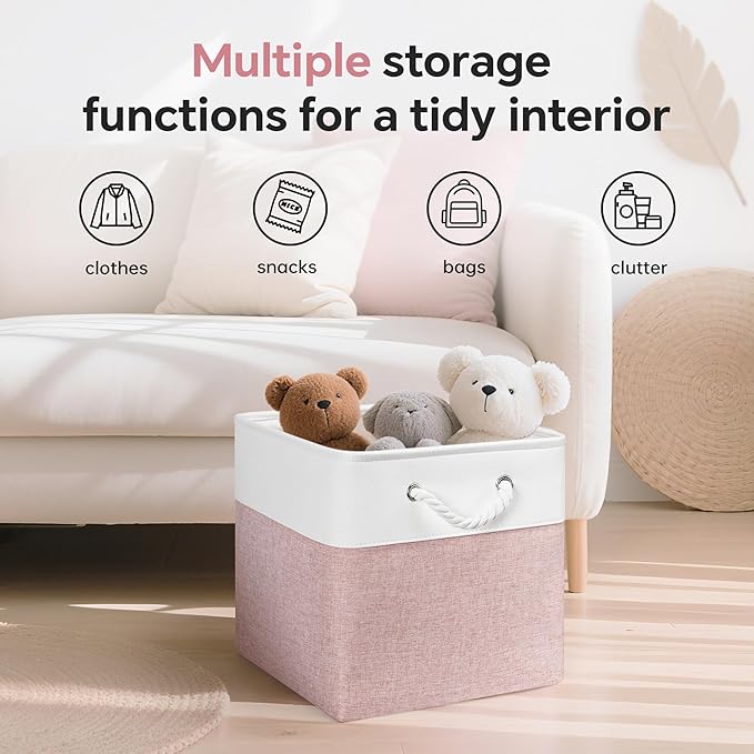 13x13 Inch Cube Storage Bins with Reinforced Bottom Cardboard, 6 Pack Large Foldable Fabric Storage Cubes with Handles for Shelf, Closet, Laundry Organization (White&Pink)