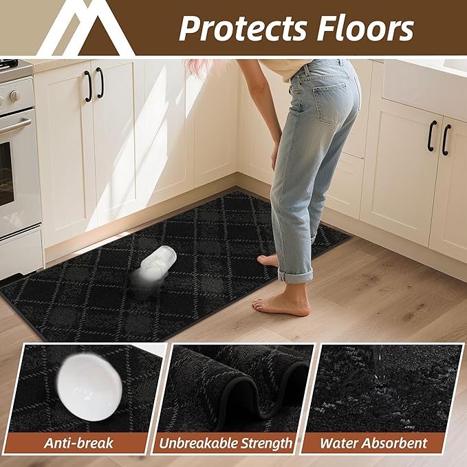 COSY HOMEER Kitchen Rugs and Mats Sets 2PCS Non-Slip Soft Kitchen Mats for Floor Absorbent and Stain Resistant Kitchen Floor Mat Washable Plaid Rugs for Kitchen,24"x36"+24"x60",Black