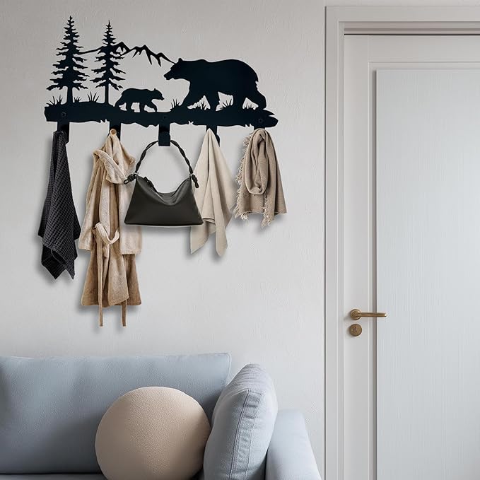Metal Bear Coat Hooks - Animal Theme Wall Art Decor and Key Holder, Hangers for Clothes, Hat, and Backpack, Home Storage Decor for Entryway, Hallway, Office, Kitchen, and Living Room