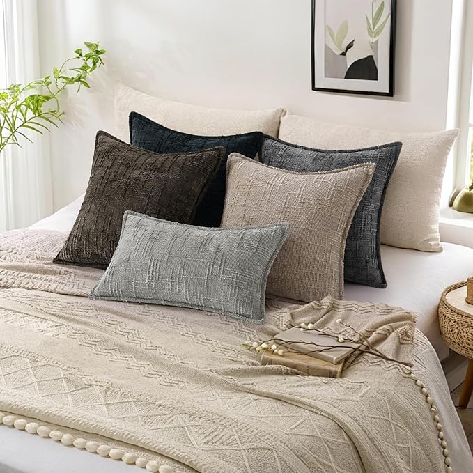 decorUhome Chenille Throw Pillow Covers 16x16 Set of 2, Thick Textured Slubby Neutral Decorative Pillow Covers with Elegant Design for Couch, Sofa, Living Room, Chocolate
