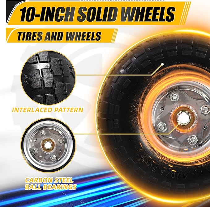 MZREXN 2-Pack 10" Flat Free Solid Tires 4.10/3.50-4 Tire and Wheel, with 5/8" Axle Bore Hole, 2"-2.2" Offset Hub, for Hand Truck, Garden Cart,Trolleys, Yard Trailers, Utility Cart, Silver
