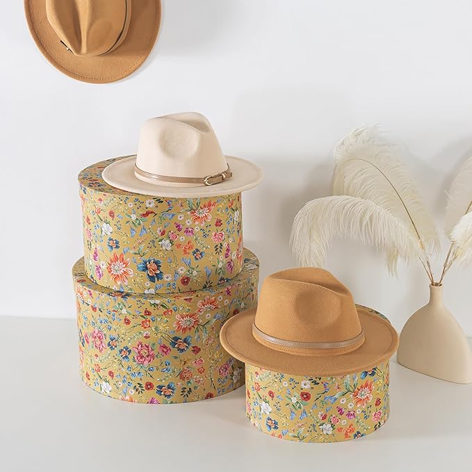 Soul & Lane Botanica Bliss Gold Round Hat Boxes with Lids - Set of 3: Nesting Cardboard Hat Storage, Boho Floral Print Cases, Stacking Circle Decorative Keepsake Boxes