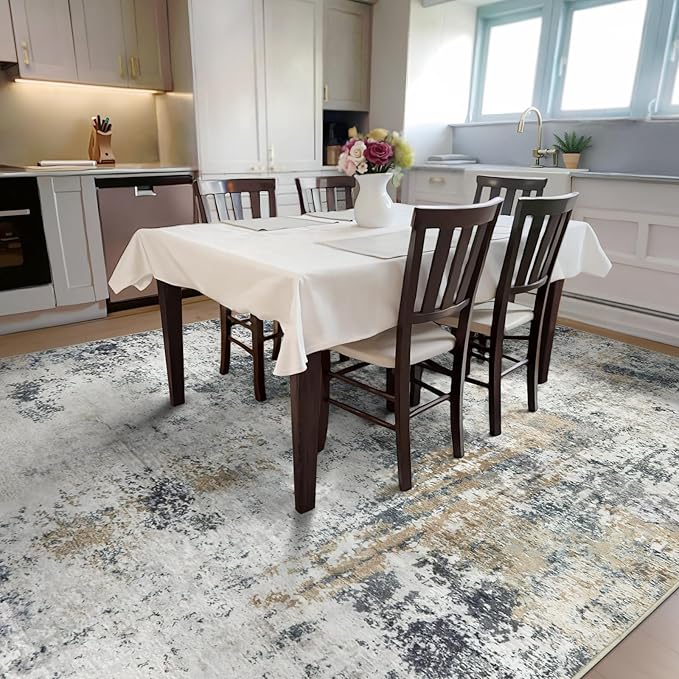 AREAMAY Washable Area Rugs for Living Room 8x10 - Large Neutral Modern Abstract Rug, Soft Low Pile Carpet with Non Slip Backing for Under Dining Room Table, Bedroom, Home, Office, Dorm - Green Yellow
